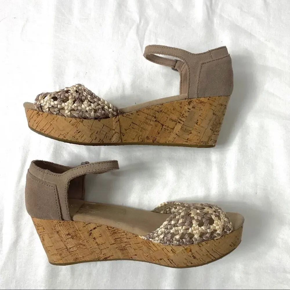TOMS Espadrille Platform Wedges Cork Heel Tan 8